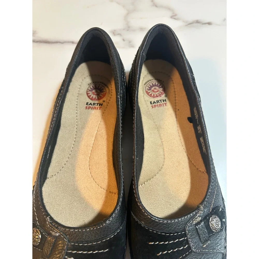 Earth Spirit Black Leather Suede Ballet Flats Gelron 2000 Comfort Shoes Size 9